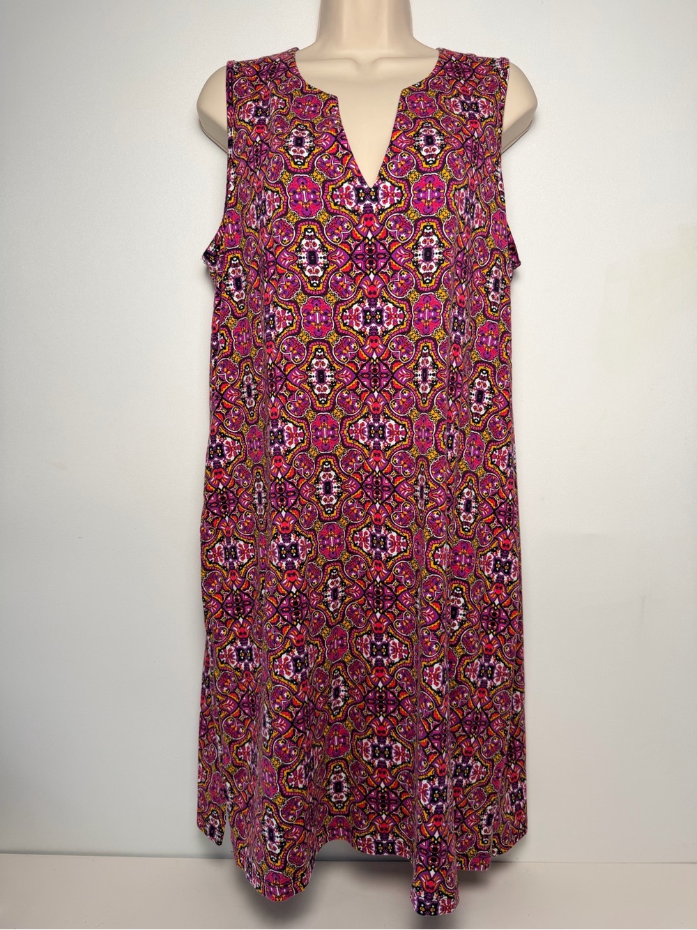 Lands End Pink Geometric Print Tank Dress Pockets Women size L Cotton Comfy
